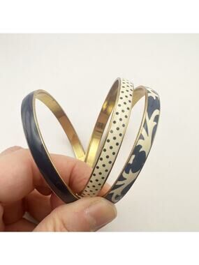 J Crew Blue Enamel bangle bracelets set of 3 Floral Print Solid Polka Dot